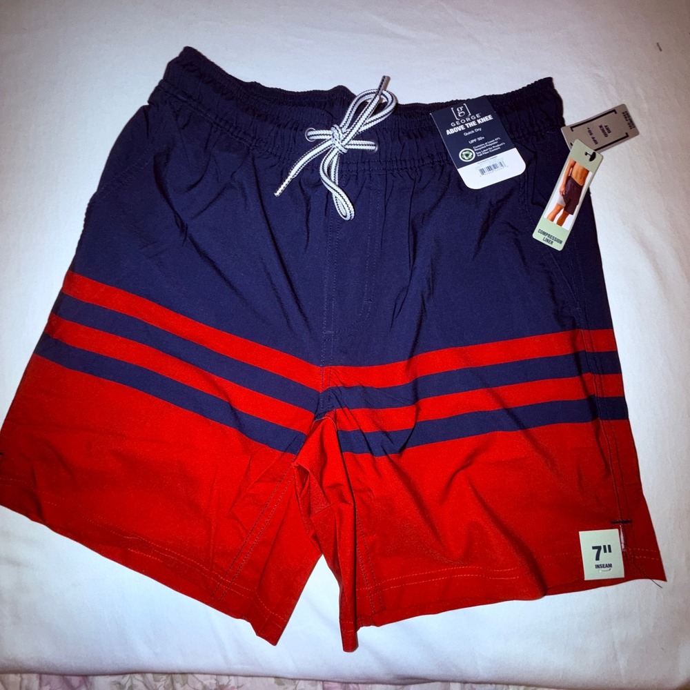 George Swim Trunks Mens‎ S 28-30 Navy Red NEW Striped 7" Inseam Compression